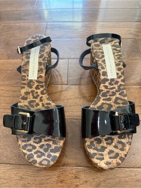 Stella McCartney Black Patent Ankle-Strap Leopard Cork Wedges